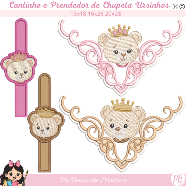 Cantinhos e Prendedor de chupeta Ursinhos Principes e Princesas – MATRIZES SEGUEM NO EMAIL STITCHGUARD NO ATO DA COMPRA